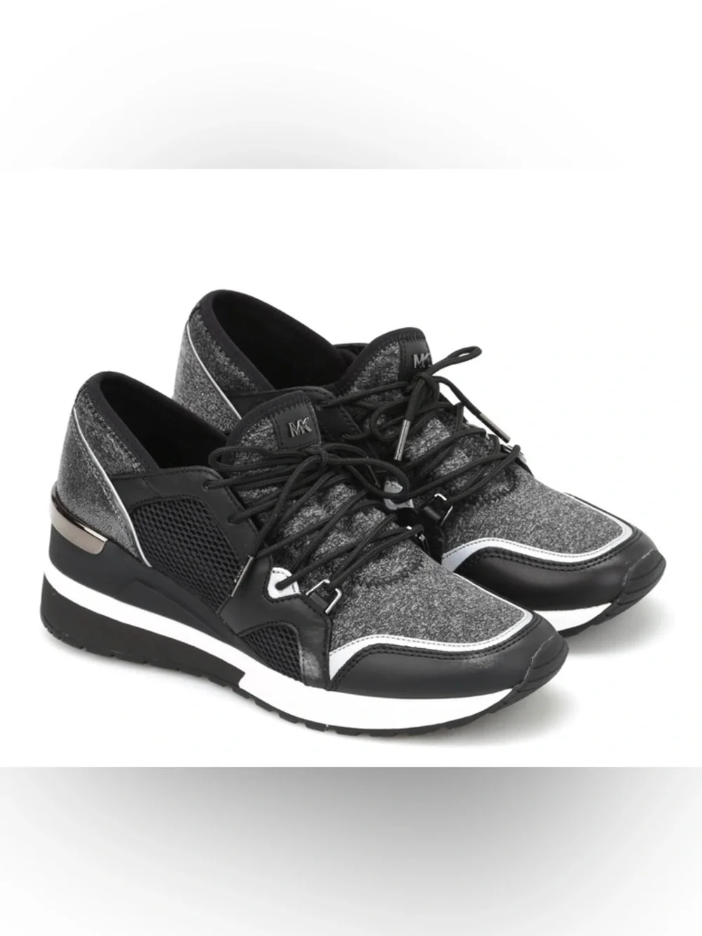 Michael Kors Black and Gray Knit Leather Lace-Up bold statement Sneakers